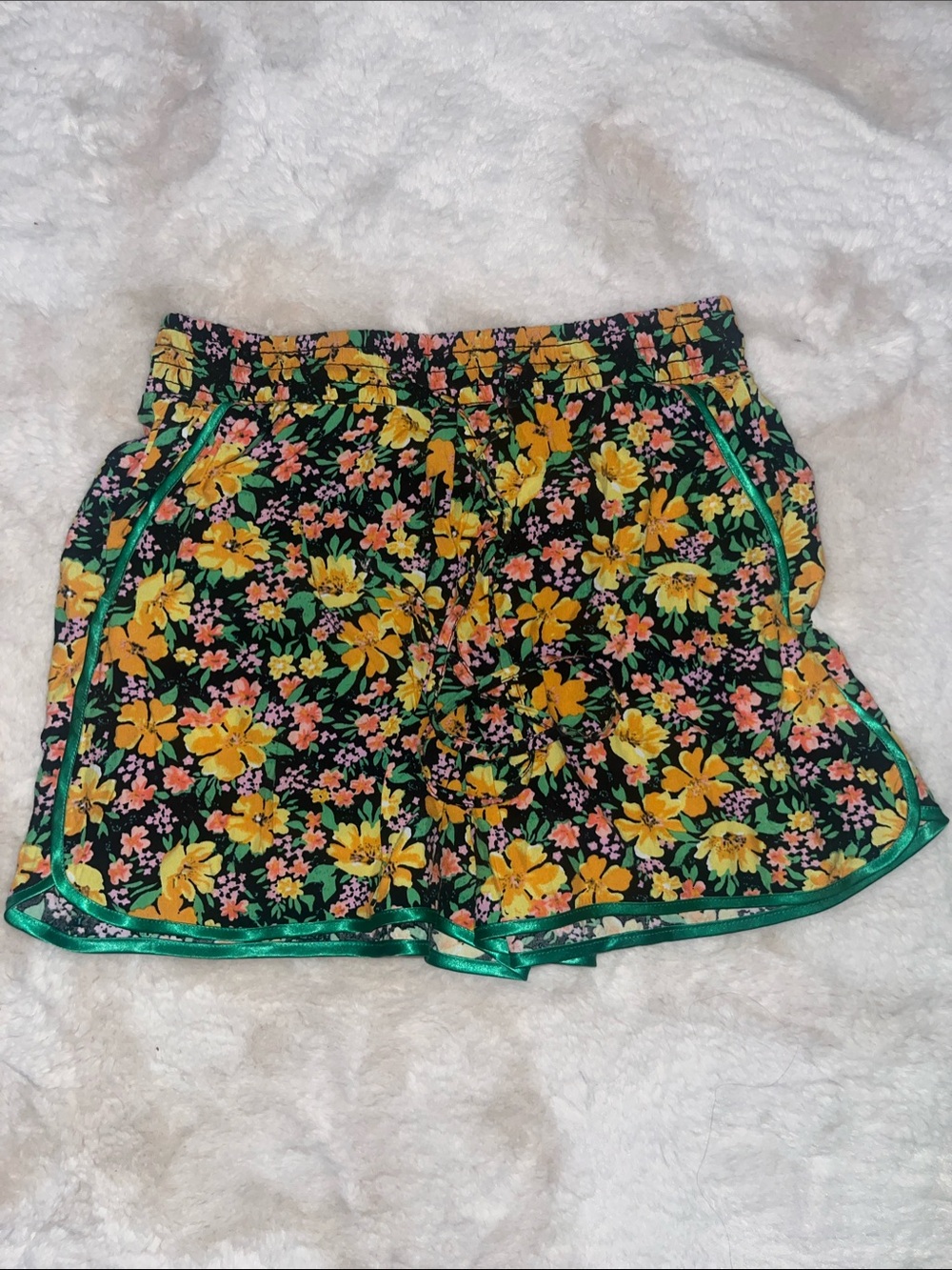 Maje Black Floral Satin Athletic Shorts with Yellow & Pink Blooms